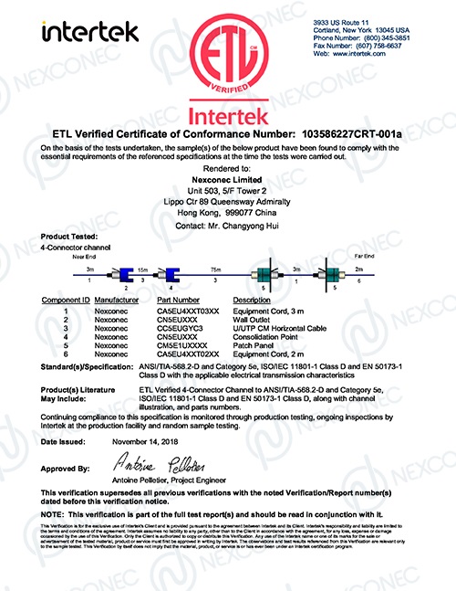 Cat5e U/UTP ETL Verified 4-Connector Channel