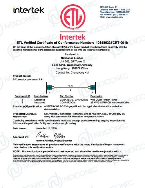 Cat6A S/FTP ETL Verified 2-Connector Perm. Link