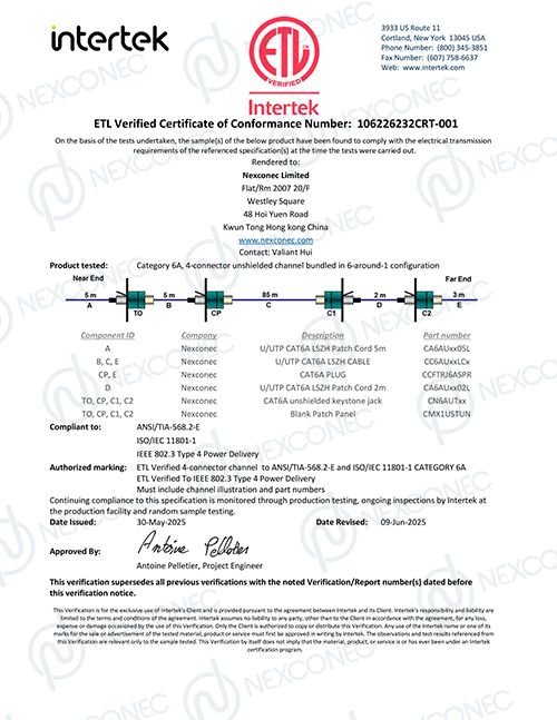 Cat6A U/UTP ETL Verified 4-Connector Channel